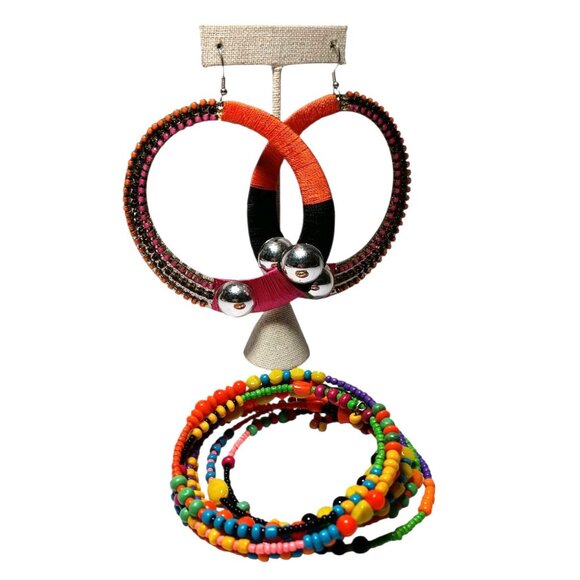 Mod Hippie Boho Beaded Bracelet and Giant Colorful Rhinestone Earrings Costume - Picture 5 of 8